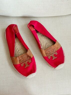 Tory Burch Two-tone  Red Canvas Espadrille Flats with Brown Leather Logo Trim